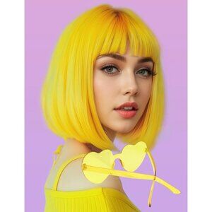 Women's Yellow 12 Inch Costume Cosplay Party Short Bob Wigs And Sunglass